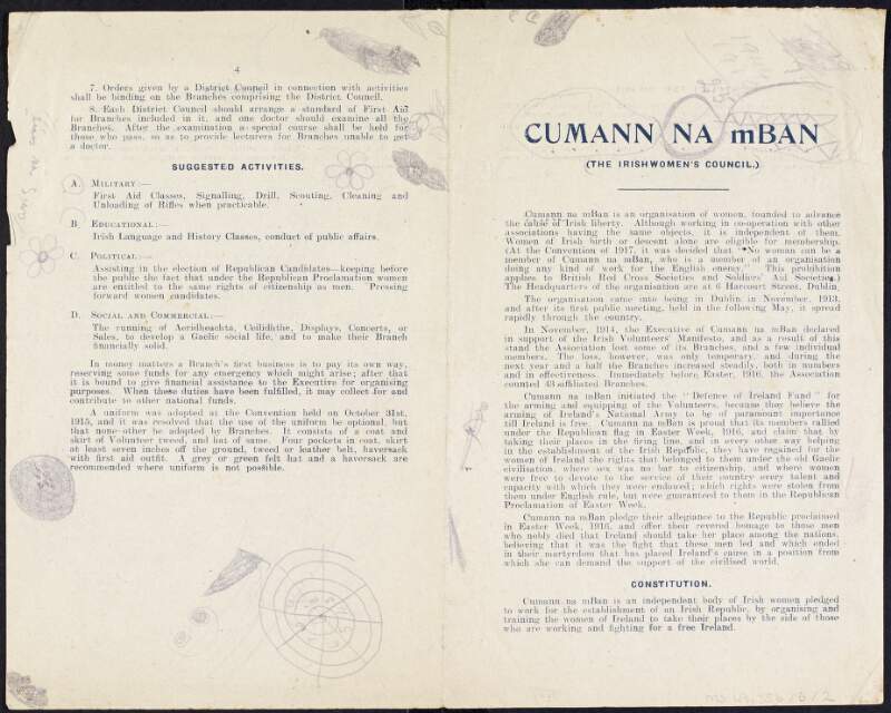 Cumann na mBan leaflet containing regulations and suggested activities,