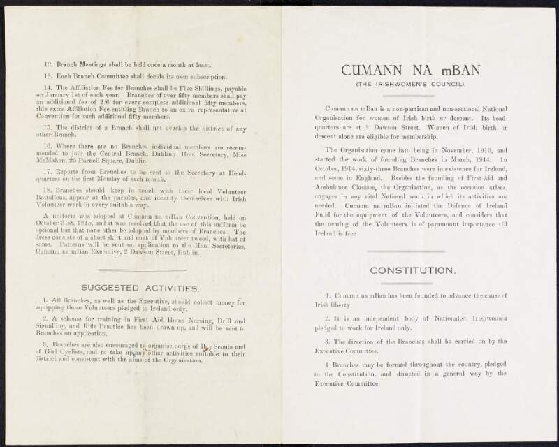 Cumann na mBan leaflet including constitution and rules,