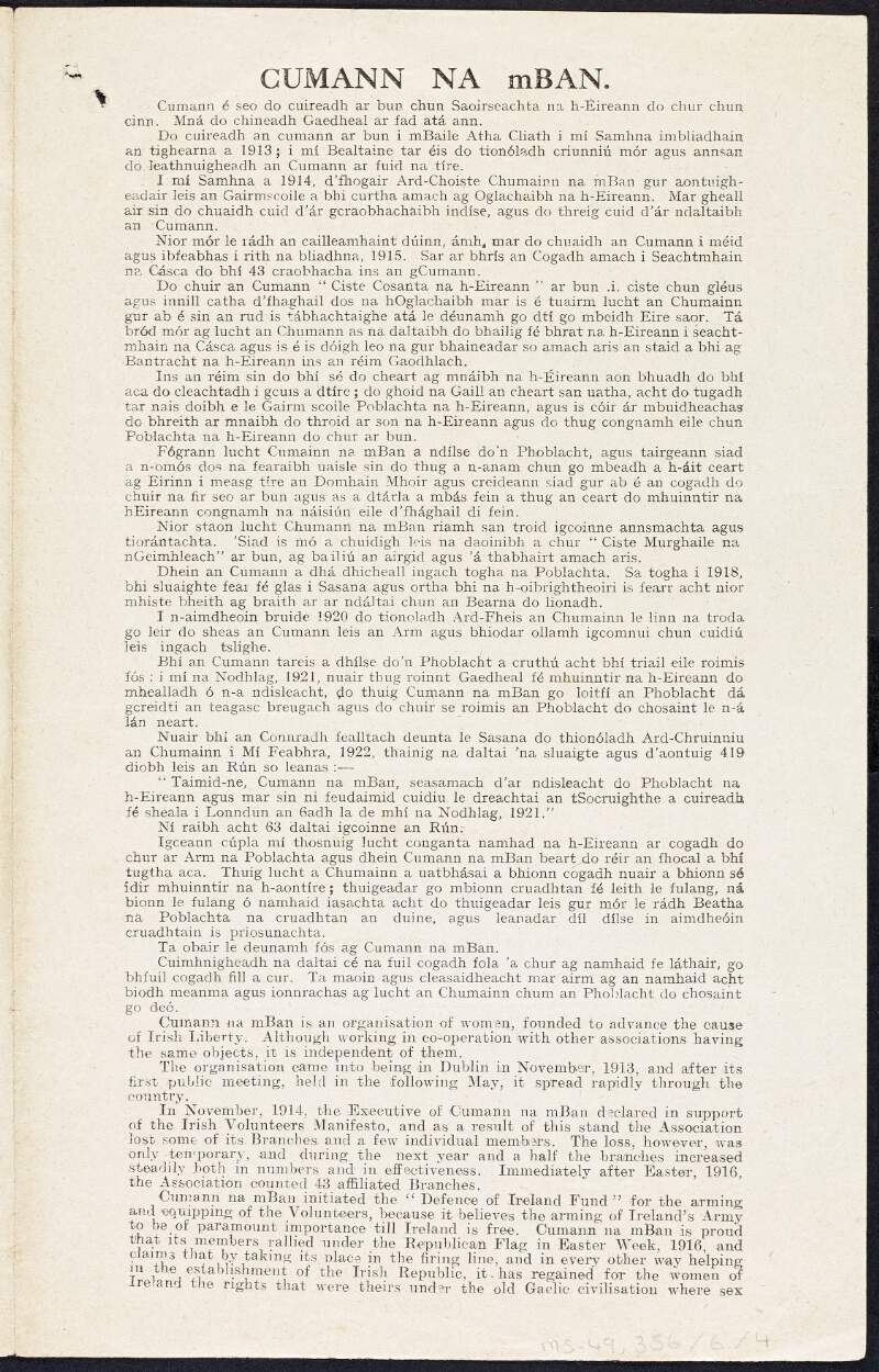 Cumann na mBan leaflet containing rules for the organisation,