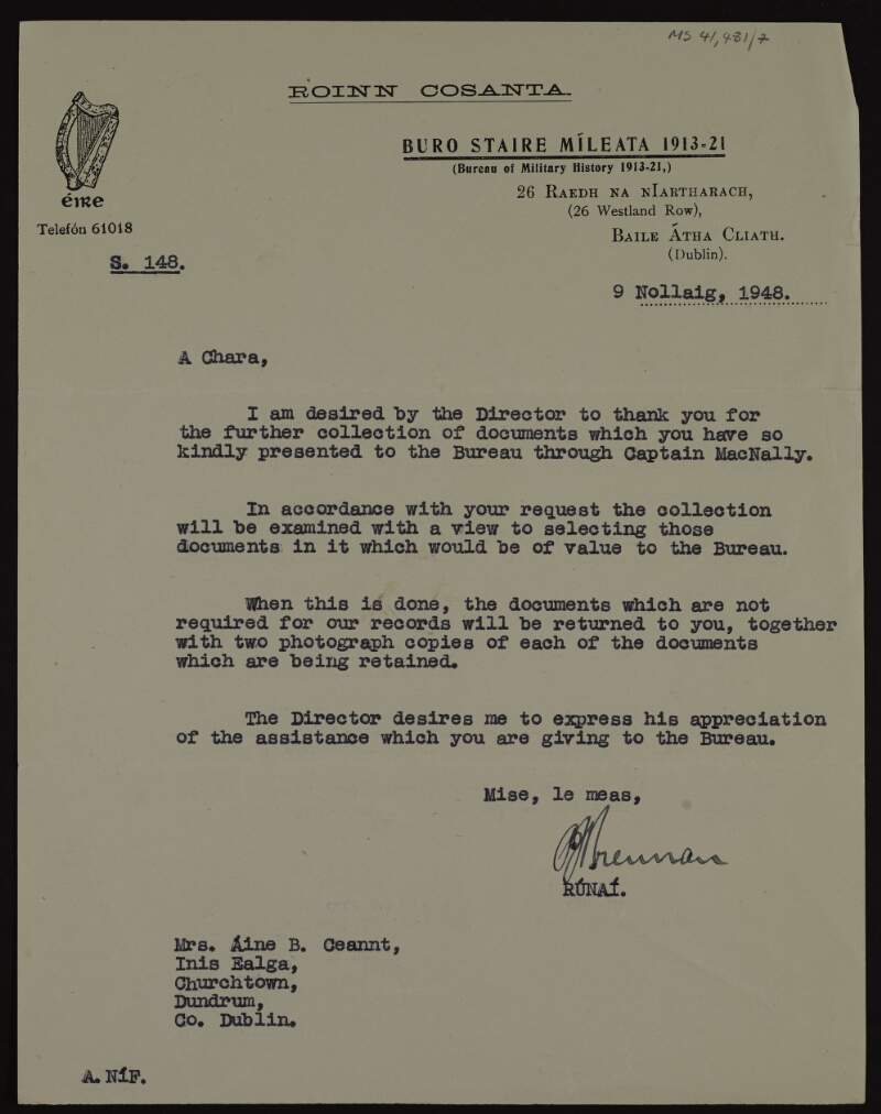 Letter from P. J. Brennan, Secretary of Bureau of Military History to Áine Ceannt regarding an additional collection of documents for the Bureau of Military History Archives,