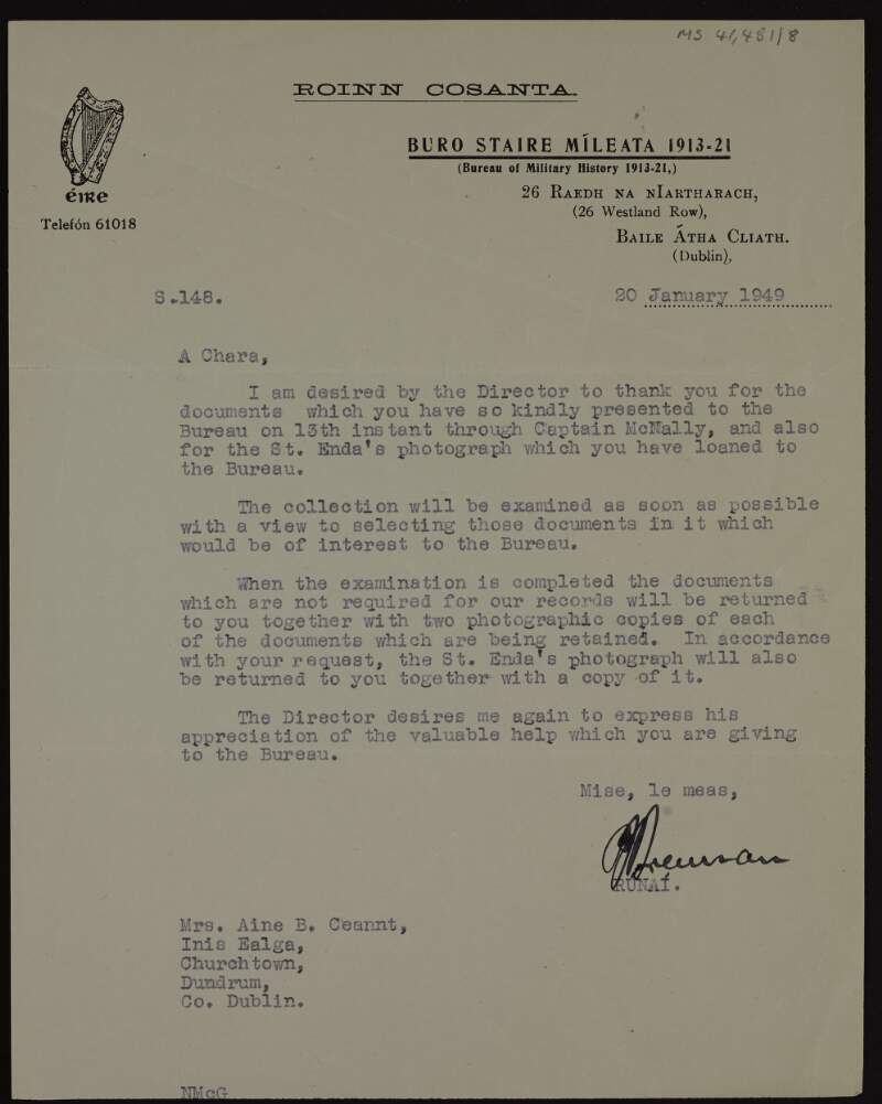 Letter from P. J. Brennan, Secretary of Bureau of Military History to Áine Ceannt regarding a photograph from St. Enda's School and documents she lent to the Bureau of Military History Archives,
