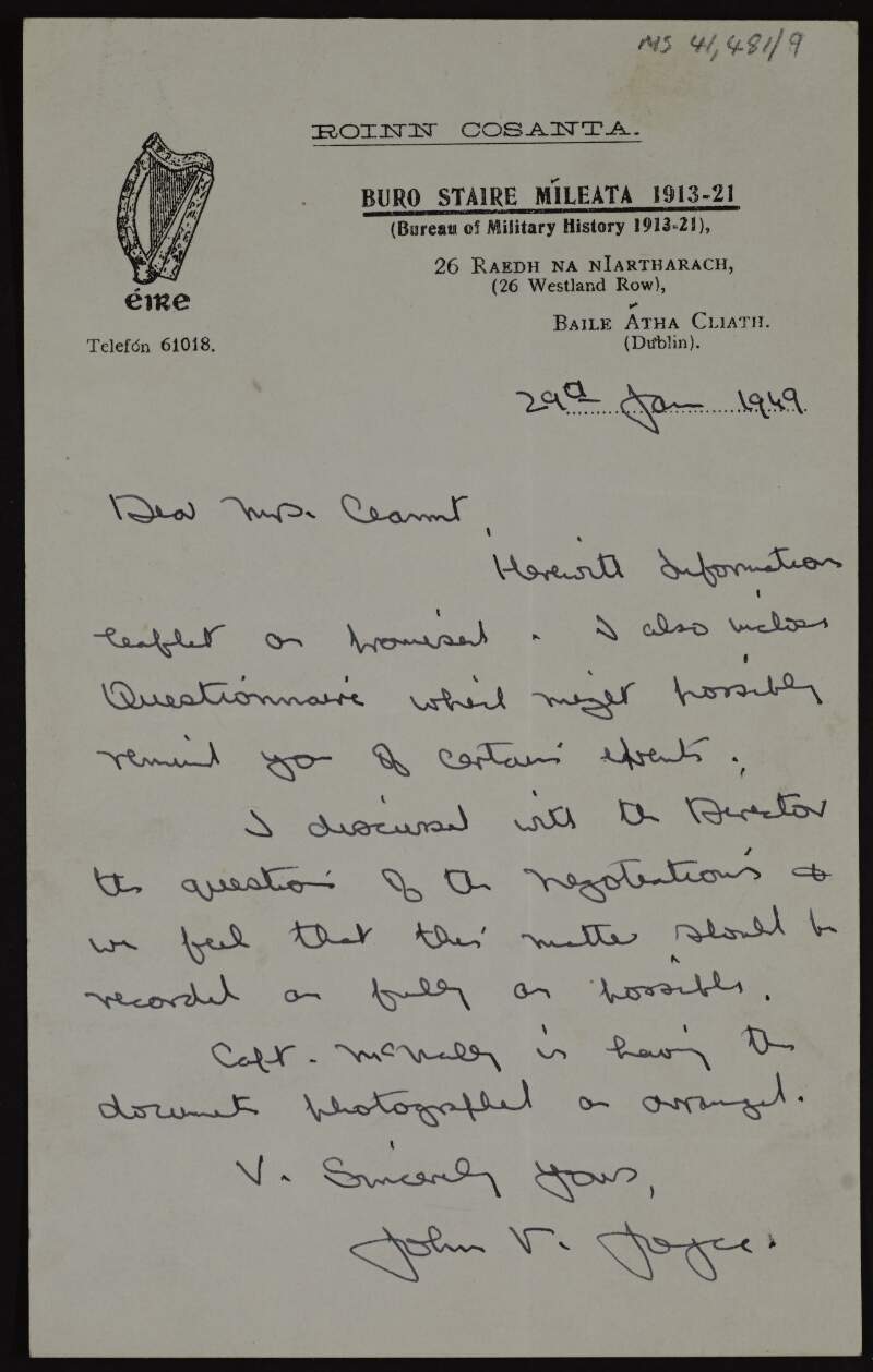 Letter from John V. Joyce of the Bureau of Military History to Áine Ceannt regarding documents she lent to the Bureau of Military History Archives and providing her with a leaflet and questionnaire to help her remember in advance of her witness statement,