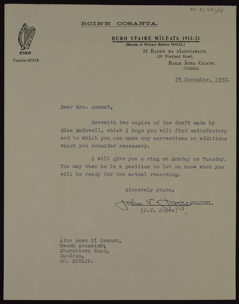 Letter from John V. Joyce of the Bureau of Military History to Áine Ceannt enlcosing copies of draft statement for Ceannt to alter in advance of a recording,