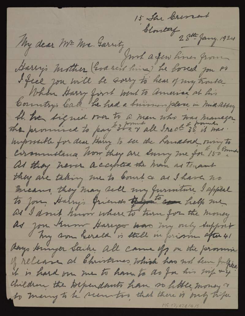 Letter from Kate Boland, Dublin, to Joseph McGarrity regarding her financial and legal difficulties with Harry Boland's landlord,