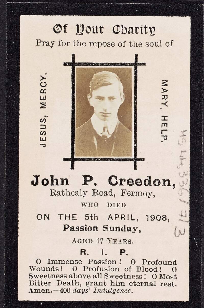 Prayer card for the death of John P. Creedon,