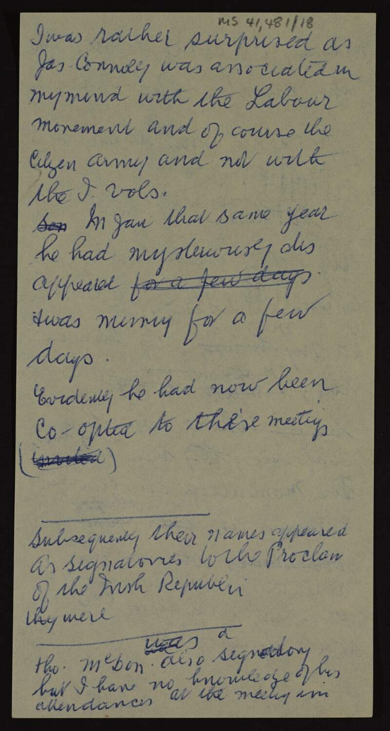 Manuscript notes for statement by Áine Ceannt for the Bureau of Military History regarding the events and Éamonn Ceannt's role in the days leading up to the Easter Rising,