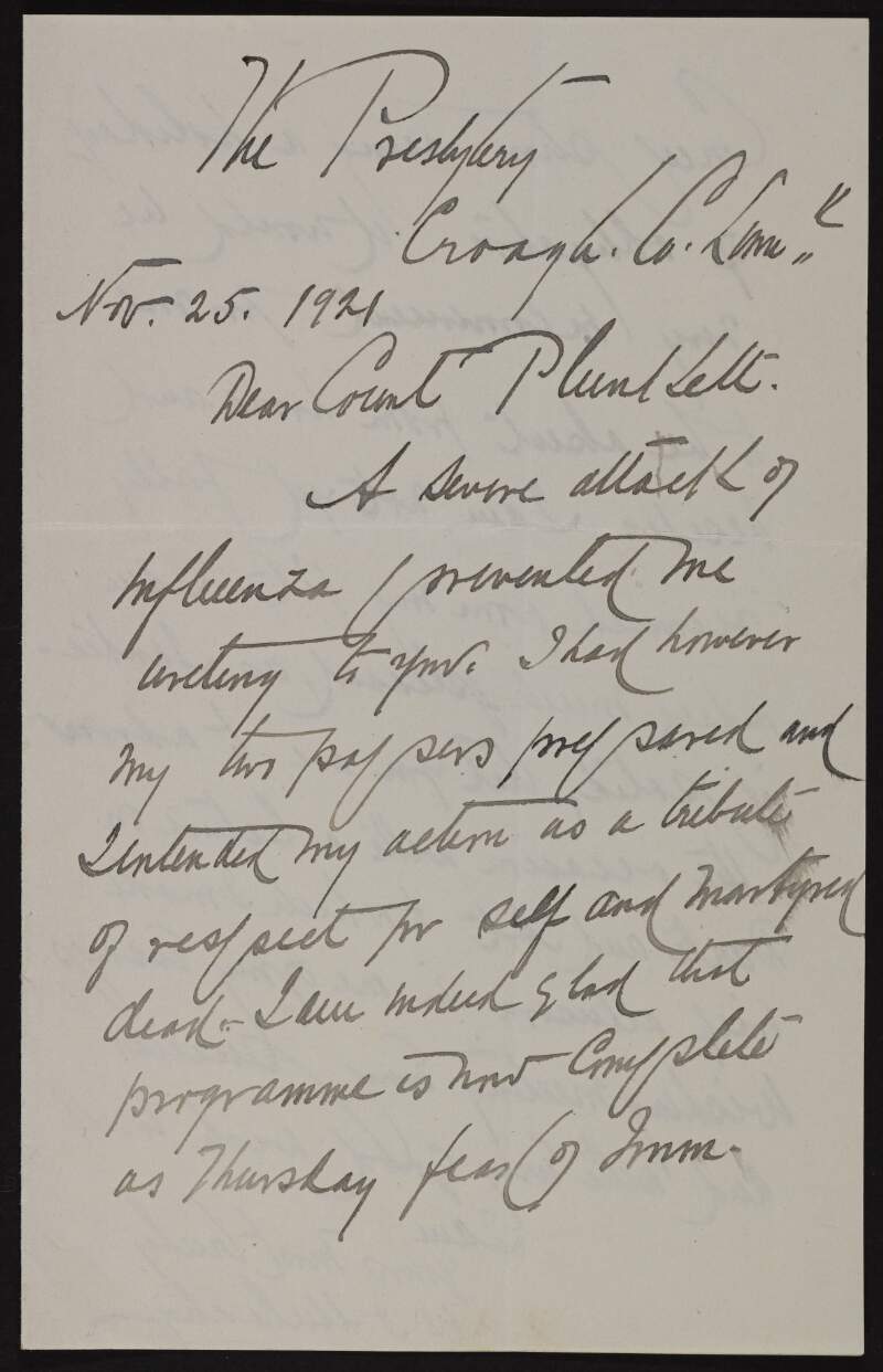 Letter from W. J. Mulcahy to George Noble Plunkett, Count Plunkett, telling him that he is recovering from the flu and will be unable to attend an event,