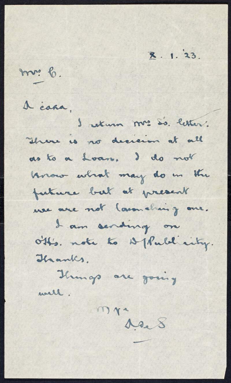 Letter from Austin Stack to Kathleen Clarke regarding an application for a loan by "Mrs. S.",