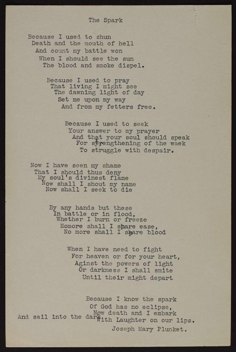 Typescript copy of "The Spark" by Joseph Mary Plunkett,