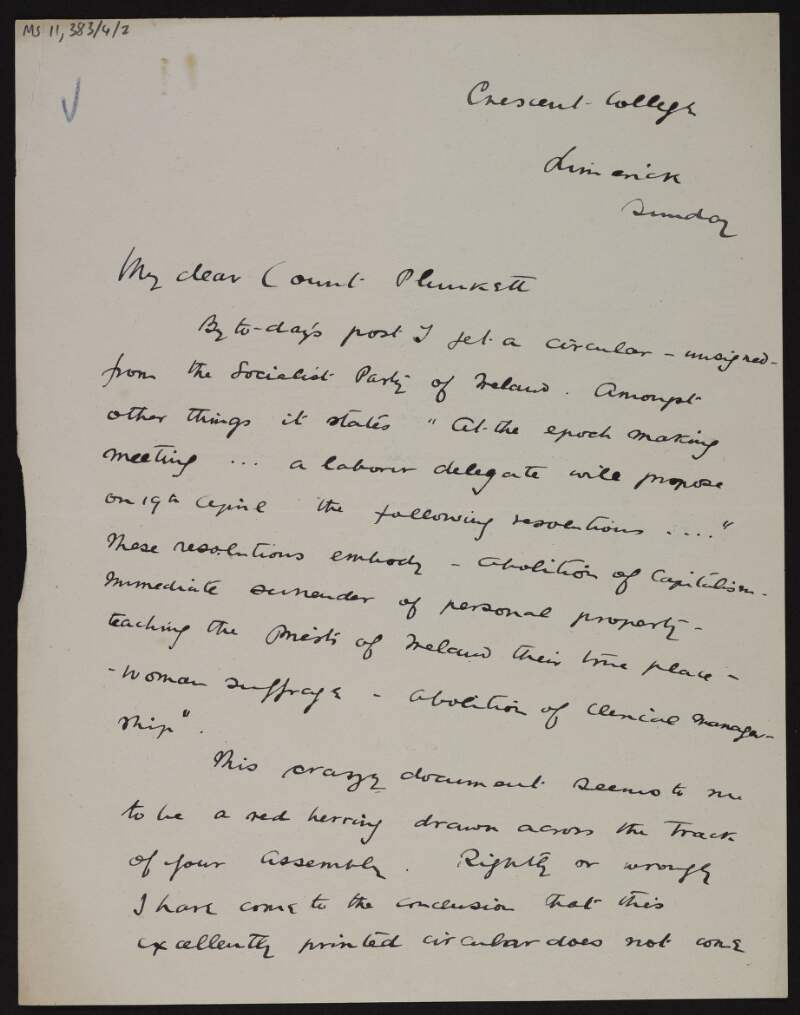 Letter from W.P. Hackett to George Noble Plunkett, Count Plunkett, regarding the strong anti-clerical sentiment expressed in a Socialist Party circular,
