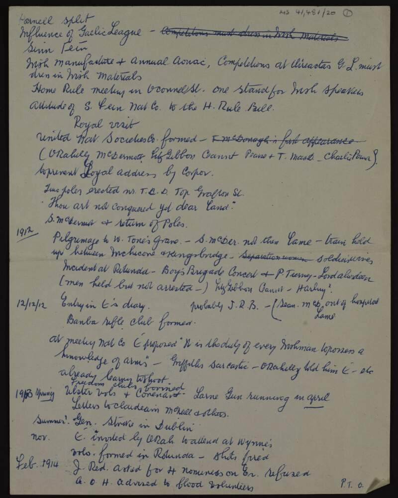 Handwritten notes on a timeline of events by Áine Ceannt between 1890-1916 leading up to the Easter Rising,