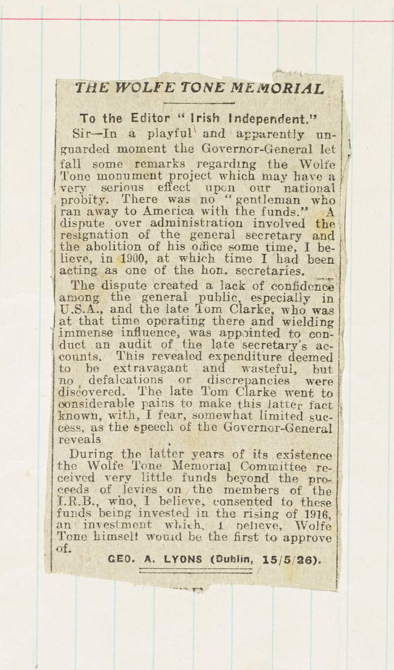 Newspaper cutting relating to the funds of the Wolfe Tone Memorial Committee,