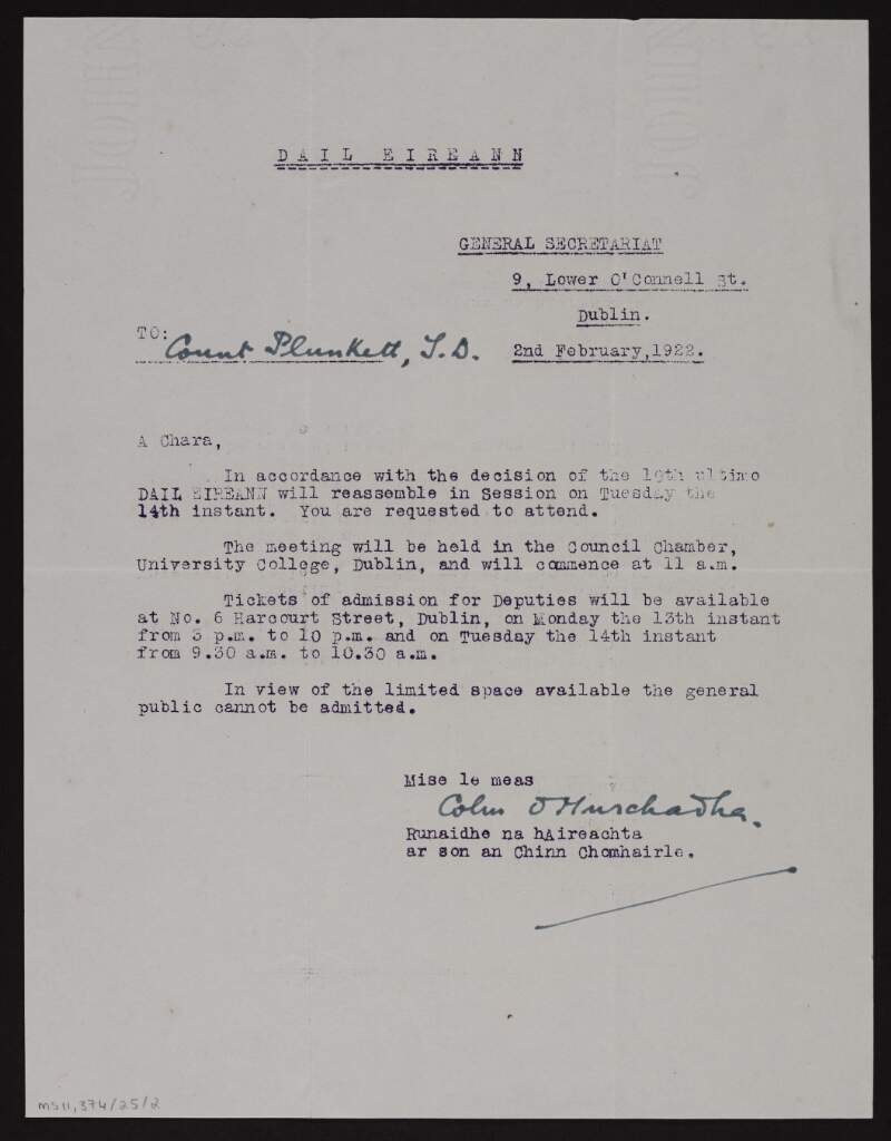 Letter from Colm O'Murchadha to George Noble Plunkett, Count Plunkett, requesting his attendance at the reassembly of the Dáil,