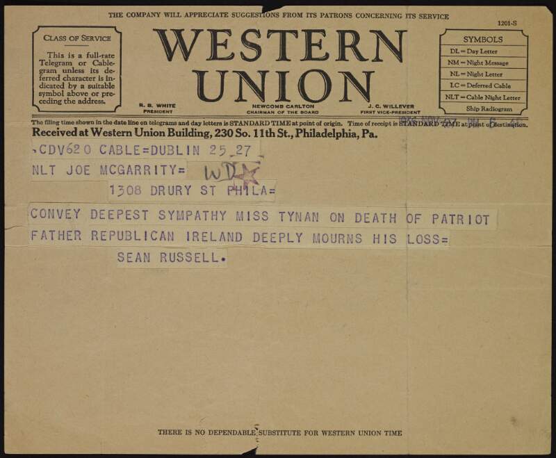 Telegram from Seán Russell to Joseph McGarrity expressing his sympathy to Miss Tynan on the death of her father Patrick Joseph Percy Tynan,