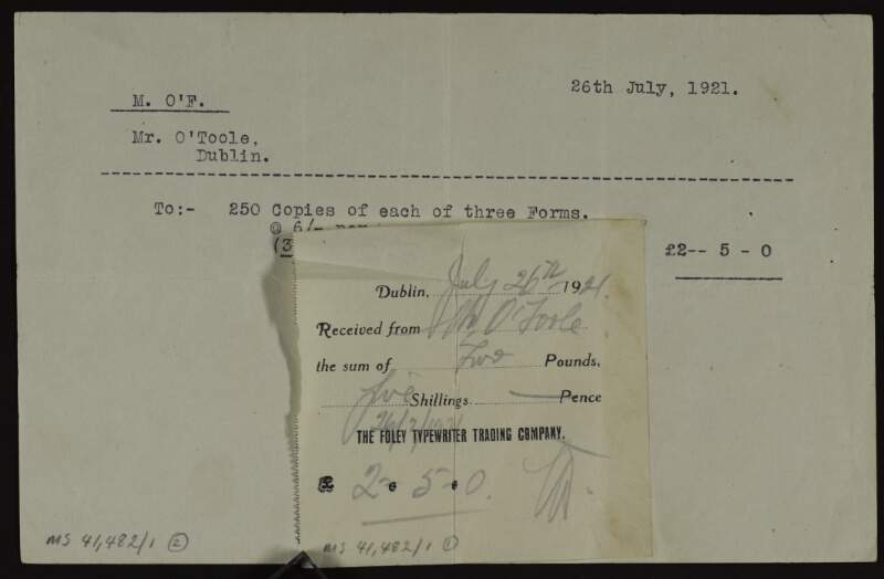 Receipt from the Foley Typewriter Trading Company to Gearoid O'Toole for photocopies,