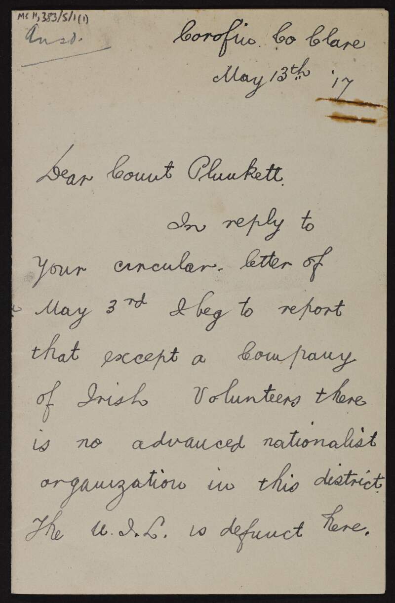 Letter from H.J. Hunt to George Noble Plunkett, Count Plunkett, regarding nationalistic clubs and organisations,