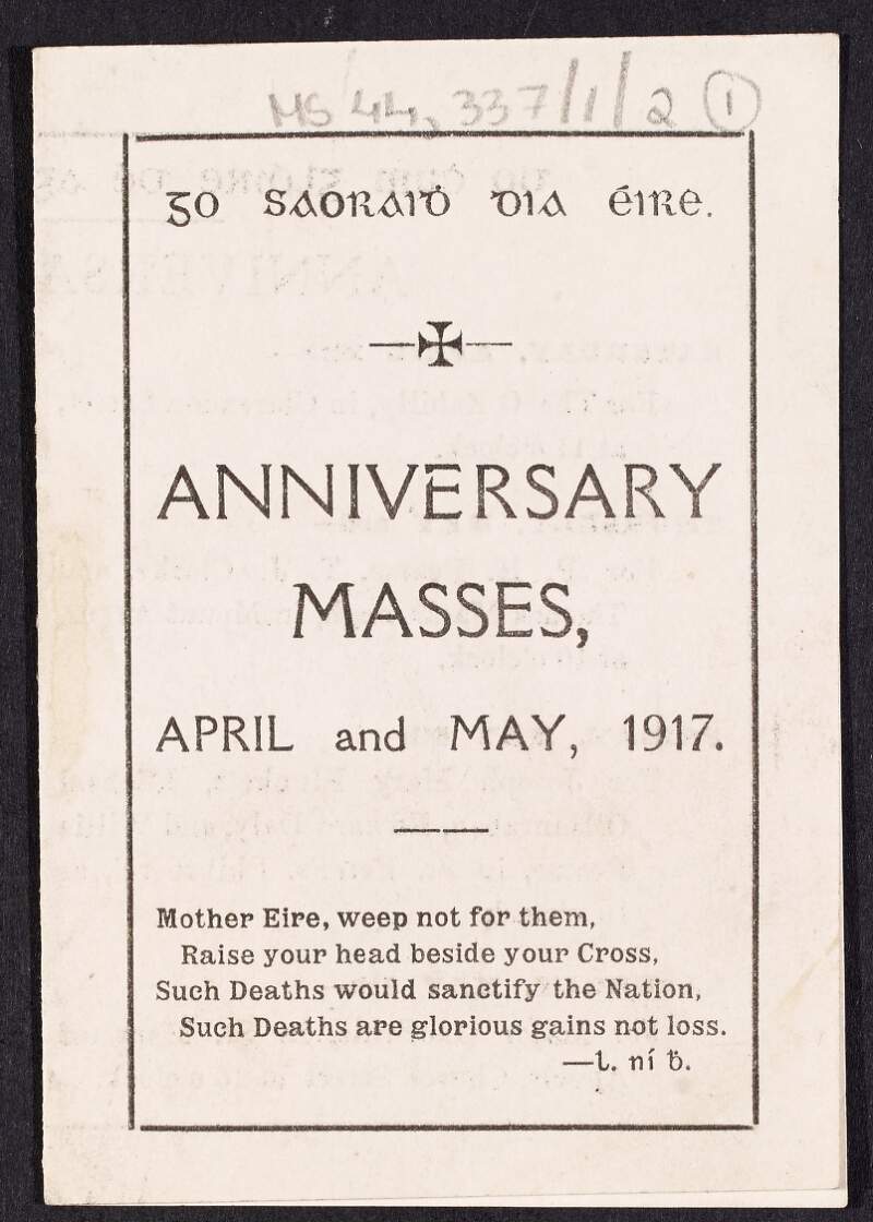 Anniversary mass booklets informing of the mass dates and times for the 1916 rebels,