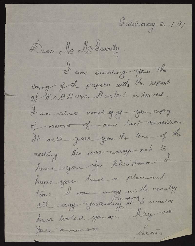 Letter from Seán Russell to Joseph McGarrity referring to John O'Hara Harte's interviews in the press, and the report of the last I.R.A. convention,
