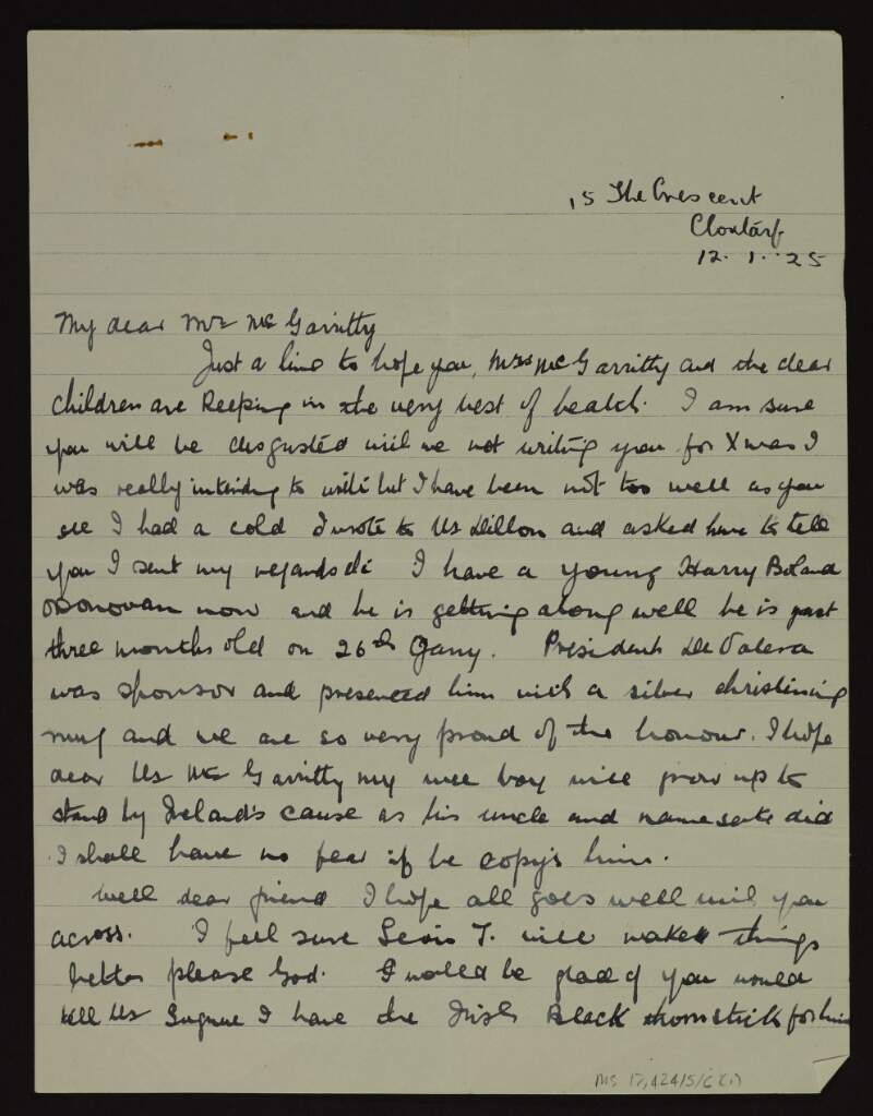 Letter from Kathleen Boland O'Donovan to Joseph McGarrity giving news of her family,