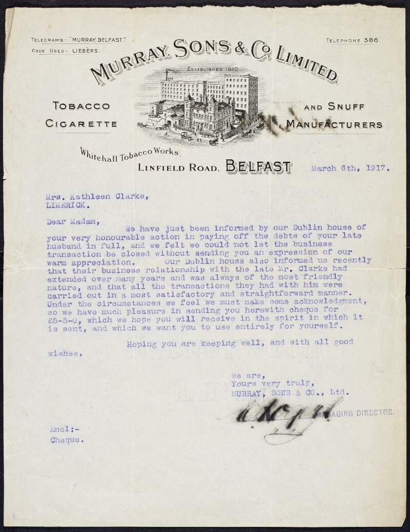 Letter from Murray, Sons and Co. Limited to Kathleen Clarke enclosing a cheque to demonstrate their goodwill after a long business relationship with Tom Clarke,