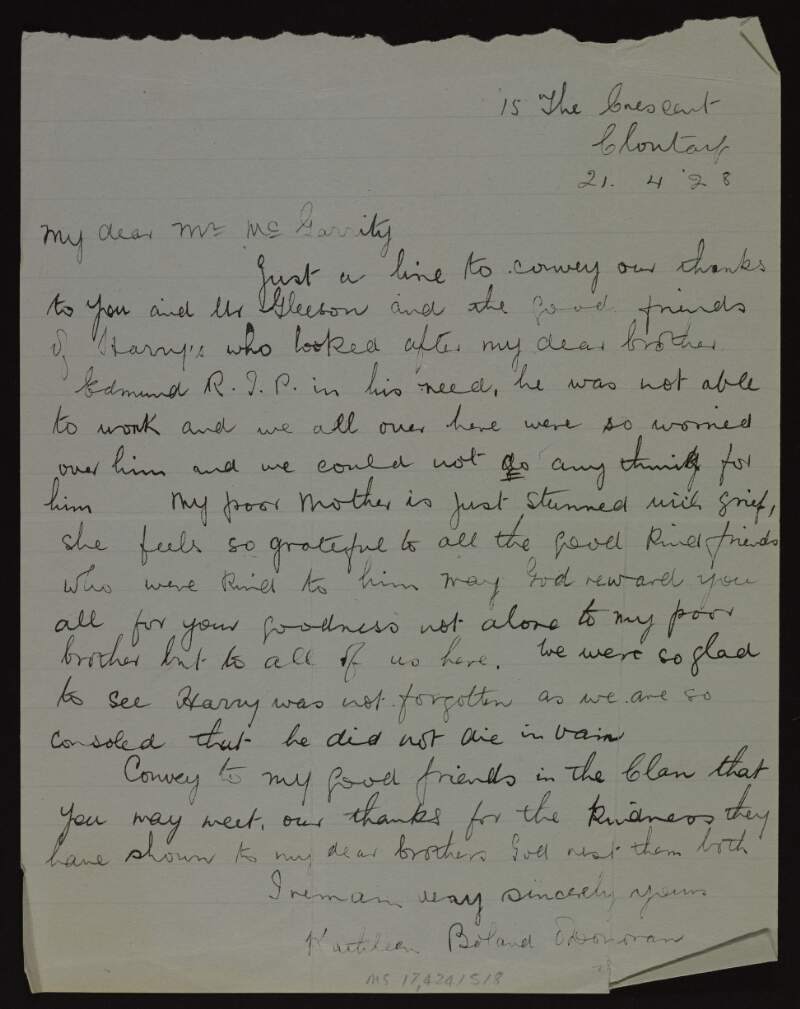 Letter from Kathleen Boland O'Donovan to Joseph McGarrity sending her thanks to those who cared for her brother Edmund upon his death,