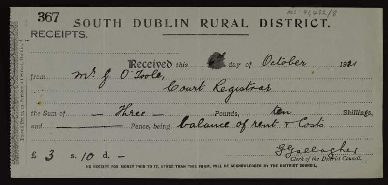Receipt from G. Gallagher, Clerk of the South Dublin Rural District Council to G[earoid] O'Toole, Court Registrar for the Rathmines and Rathgar Township for balance of rent and costs,