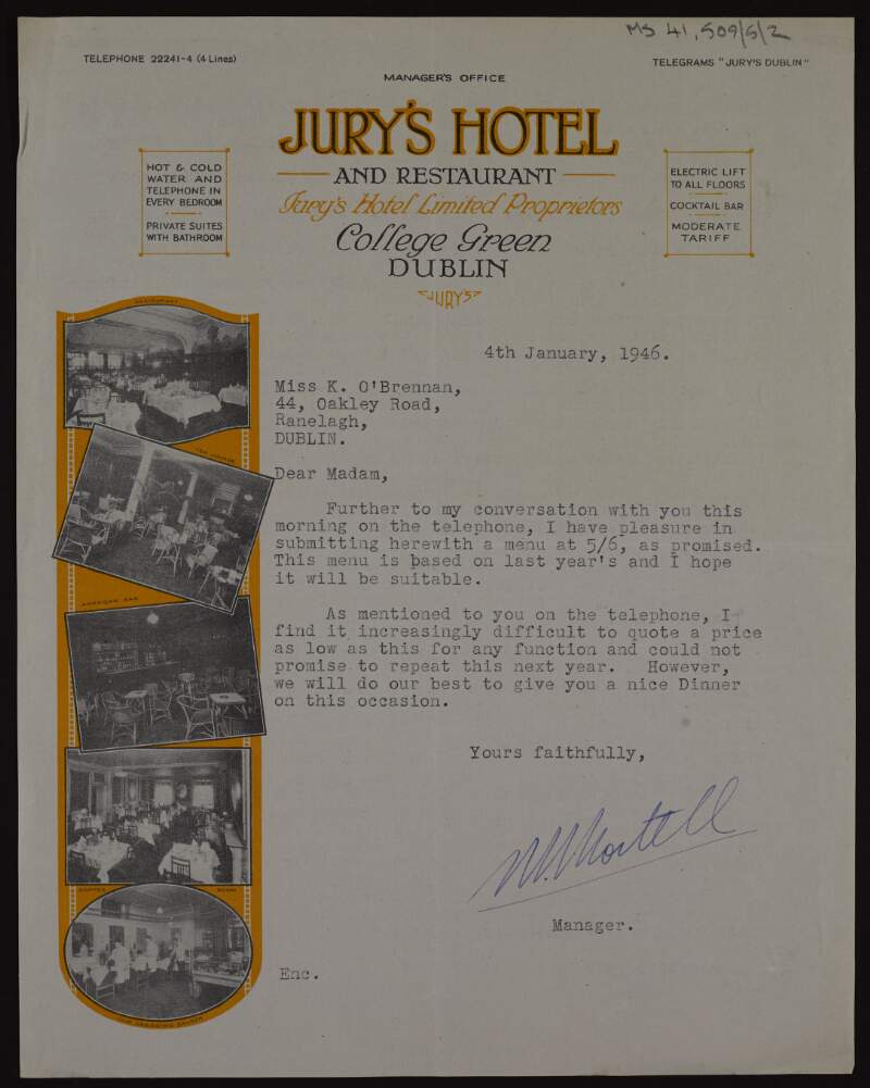 Letter to Kathleen O'Brennan from the Manager of Jury's Hotel about a menu for a dinner,