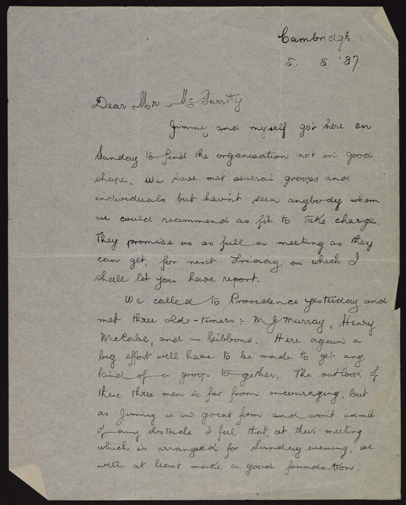 Letter from Seán Russell to Joseph McGarrity discussing the organisation of the I.R.A. in the U.K. and the release of Glasshouse prisoners,
