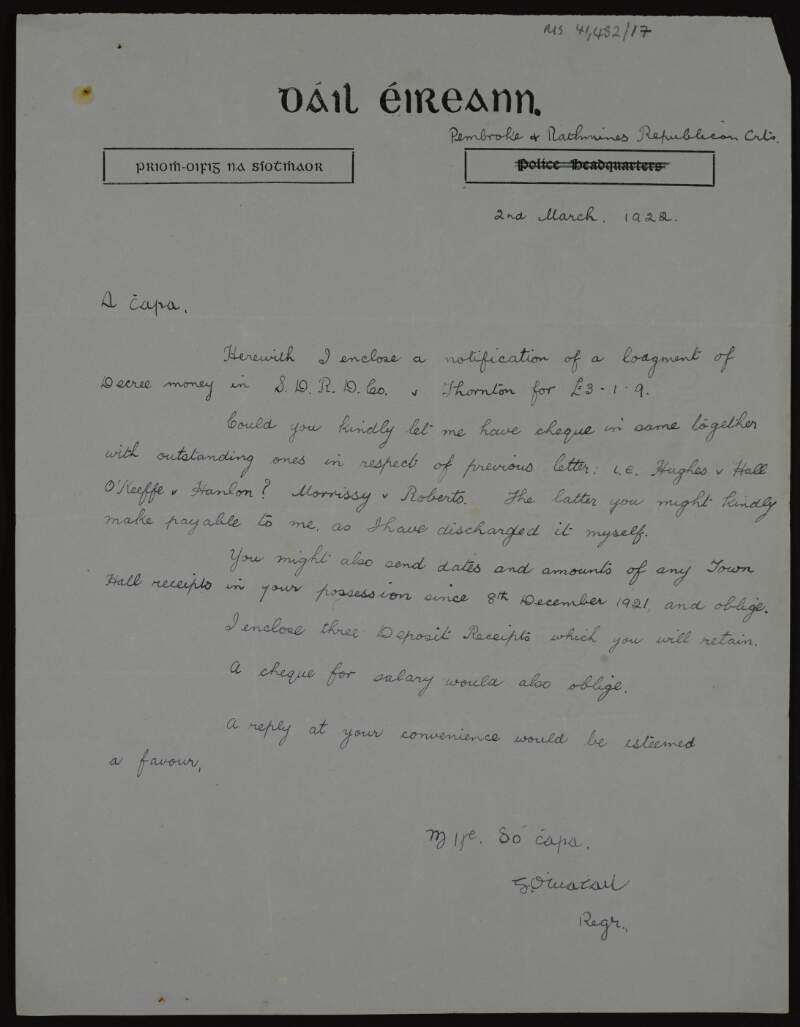 Letter from G[earoid] O'Tuathail, Registrar for Pembroke and Rathmines District Courts to Áine Ceannt in her capacity as trustee regarding finances, requesting receipts and payments,