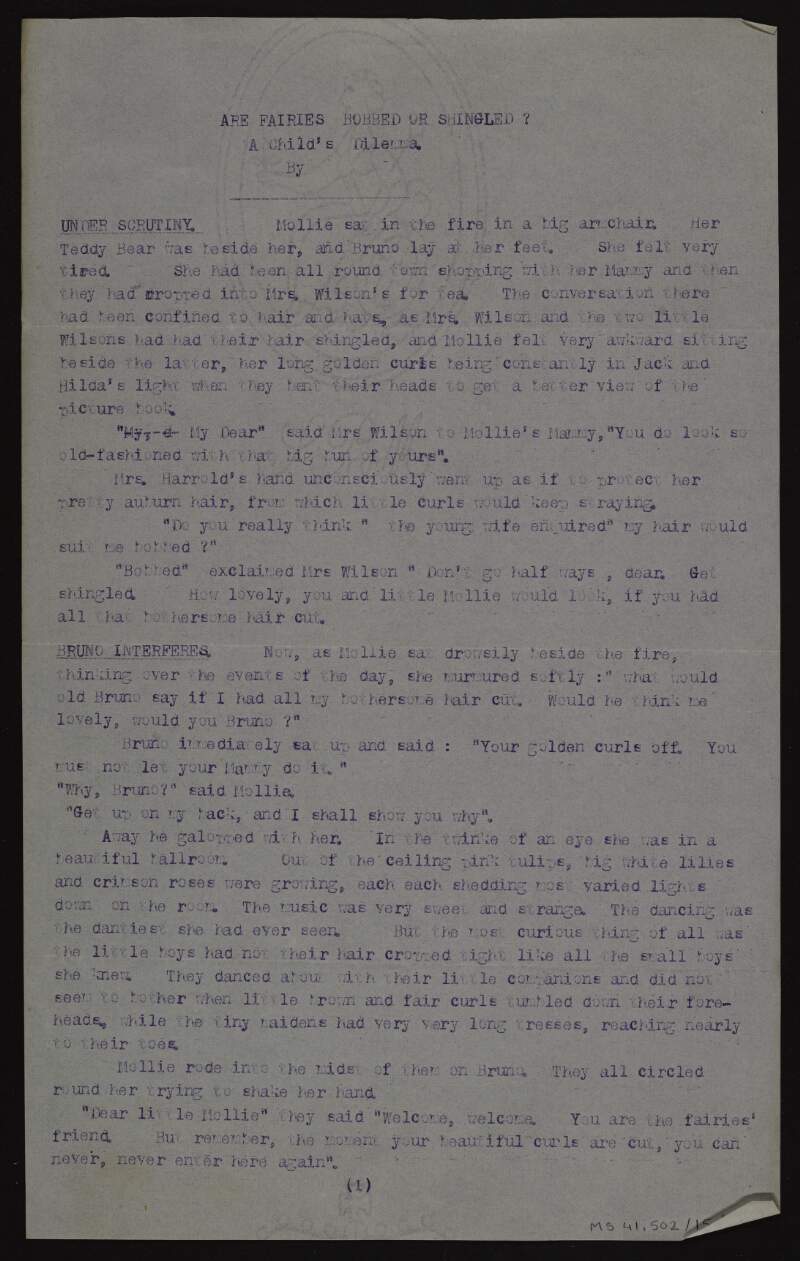 Typescript copy of short story 'Are fairies bobbed or shingled? A child's dilemma' by [Claire Bourke],
