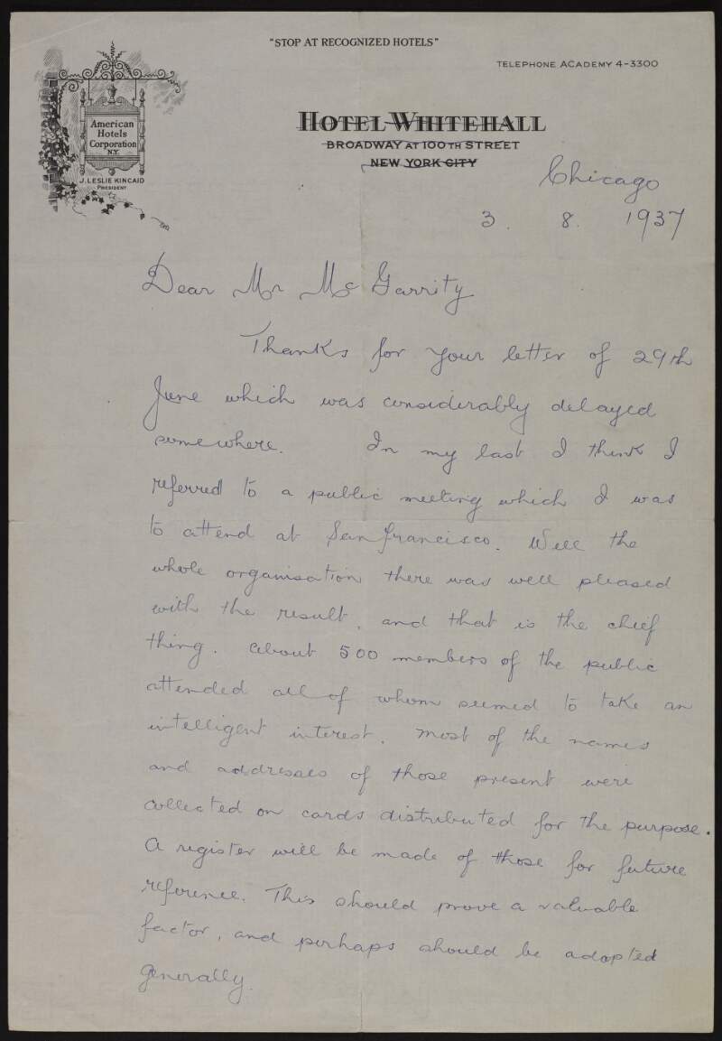 Letter from Seán Russell to Joseph McGarrity discussing Clan-na-Gael meetings in San Francisco and Butte and that there is strong interest in the events taking place in Ireland,