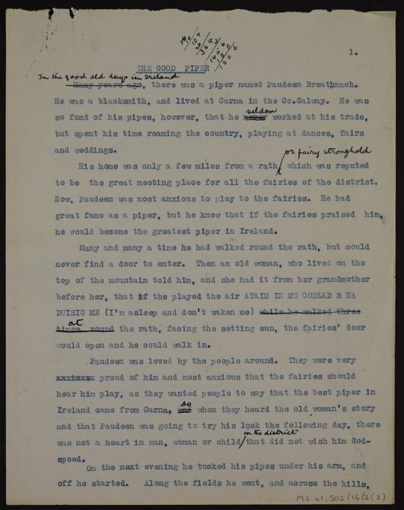 Annotated typescript draft of short story 'The good piper',