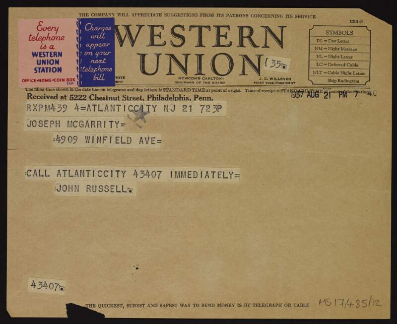 Telegram from Seán Russell to Joseph McGarrity asking him to call Atlantic City immediately,