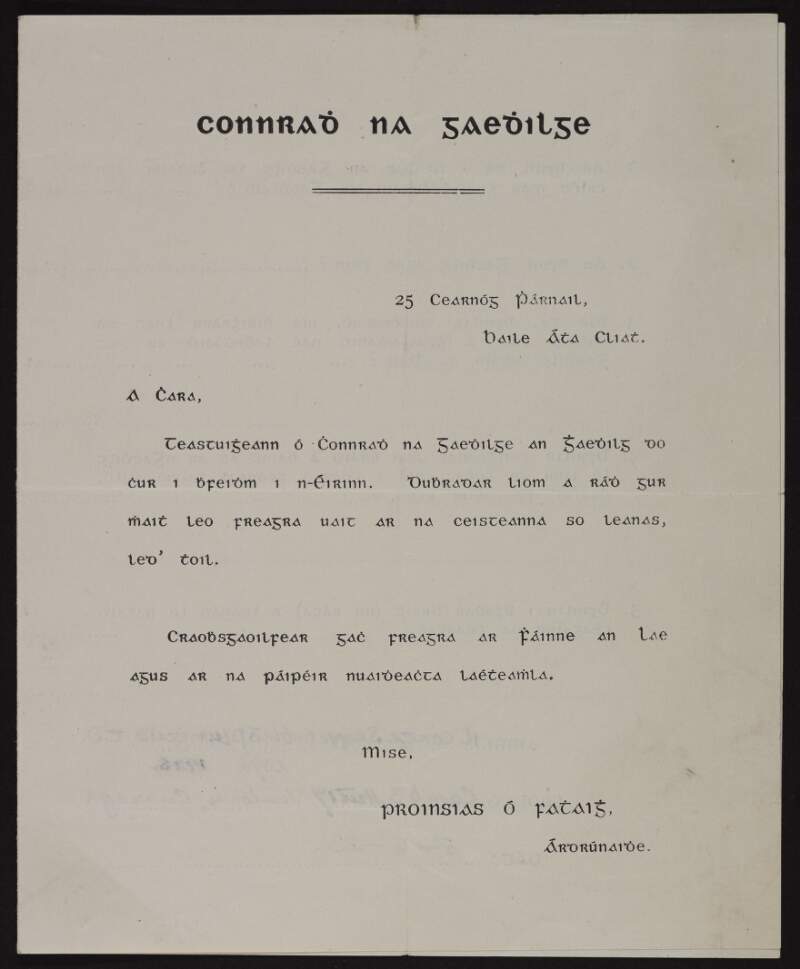 Questionnaire from Proinsias Ó Fathaigh [Frank Fahy] to George Noble Plunkett, Count Plunkett, regarding the use of the Irish language in government,