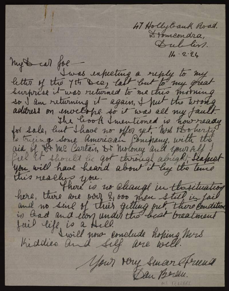 Letter from Dan Breen to Joseph McGarrity informing him that his book is ready for sale,
