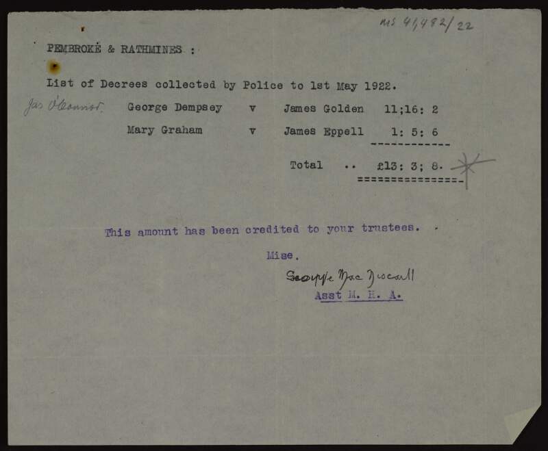 Note by Seoirse Mac Niocaill, Assistant to the Minister for Home Affairs regarding the decrees collected by police for the Pembroke and Rathmines Republican Courts,