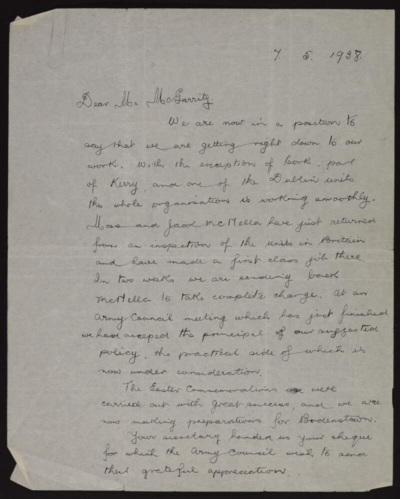 Letter from Seán Russell to Joseph McGarrity regarding the organisation of the I.R.A. in Ireland and Great Britain, the new Irish constitution, and Easter commemorations,