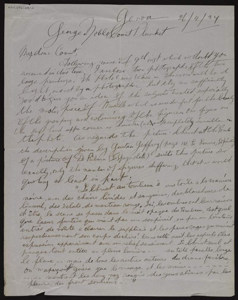 Letter from Donal Hales to George Noble Plunkett, Count Plunkett, enclosing photographs of two paintings he owns in an effort to identify the artist, with a transcribed extract from "Le Louvre la peinture", with Plunkett's reply also enclosed,