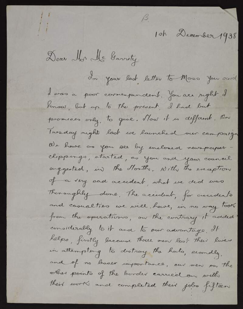 Letter from Seán Russell to Joseph McGarrity on the I.R.A. campaign initiated in Northern Ireland with a Declaration of Independence, and the planned campaign in England,