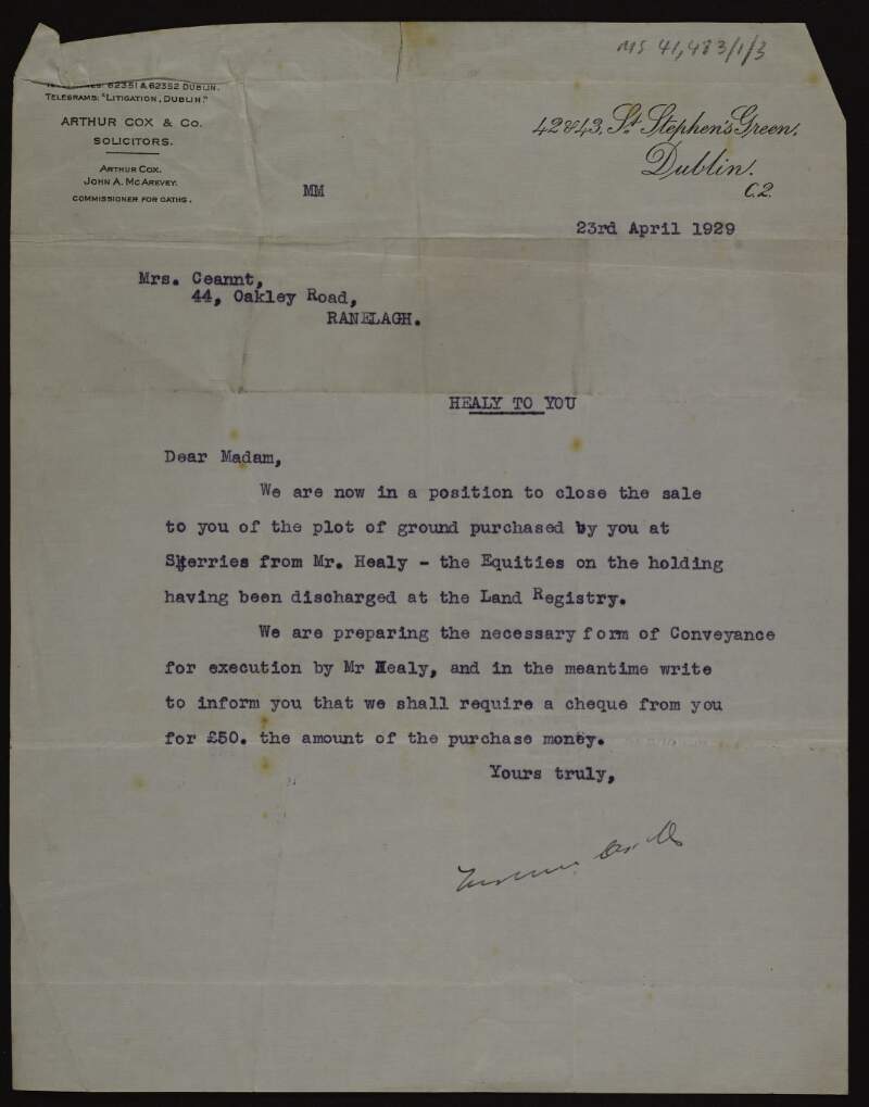 Letter from Arthur Cox & Co. to Áine Ceannt regarding drafting a conveyance for the sale of a plot of land in Skerries to Ceannt from Mr. Healy,