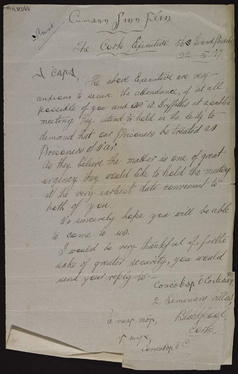 Invitation from Conchubhar Ó Coileáin to George Noble Plunkett, Count Plunkett to attend a meeting of the Sinn Féin Executive in Cork to demand that Irish nationalist prisoners be treated as prisoners of war,