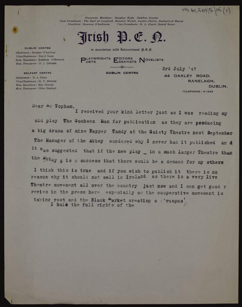 Two draft letters from Kathleen O'Brennan to a Mr Topham in response to his letter and about the possible publication of Kathleen O'Brennan's plays,