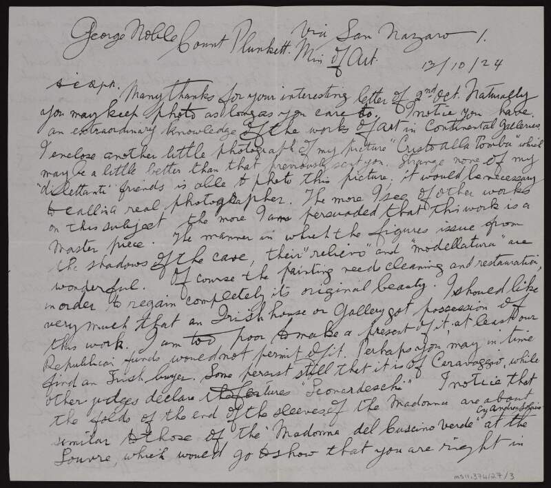 Letter from Donal Hales to George Noble Plunkett, Count Plunkett, enclosing three photographs of three paintings he owns and discussing the restoration work needed for them,