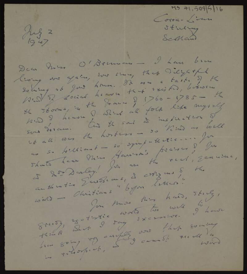 Letter to Kathleen O'Brennan from William Power thanking her for an evening at her home,