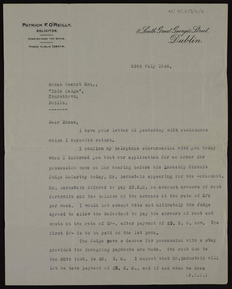 Letter from Patrick F. O'Reilly to Rónán Ceannt regarding the payment of rent arrears related to the eviction of James McDonnell,