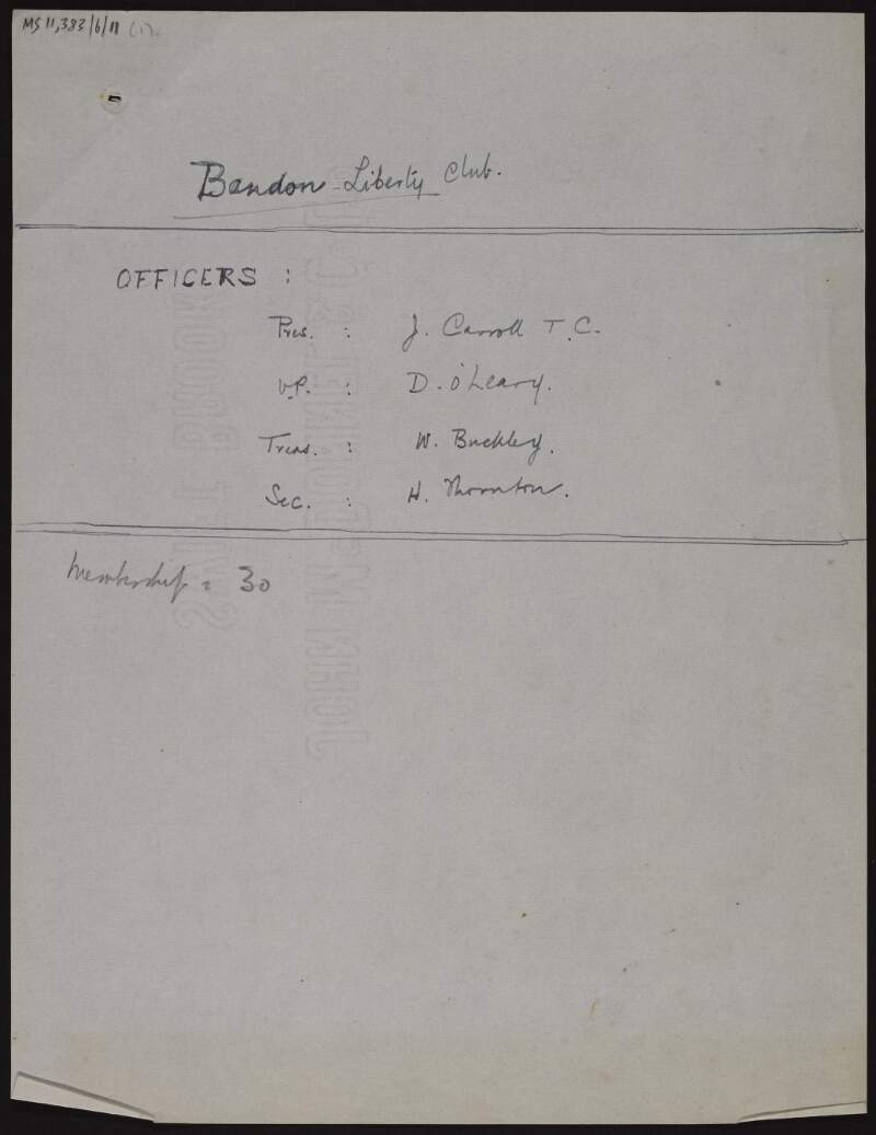 Note titled "Bandon Liberty Club" with list of officers' names, with a membership of thirty,