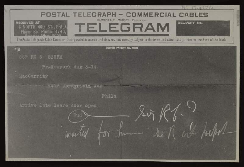 Photostat telegram from "Rud" [Roger Casement] to Joseph McGarrity informing him that he will be arriving late,