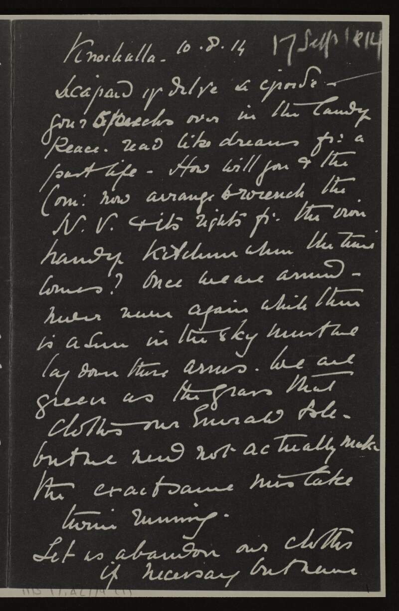 Photostat letter from unidentified author to Roger Casement urging him not to go to Ireland,