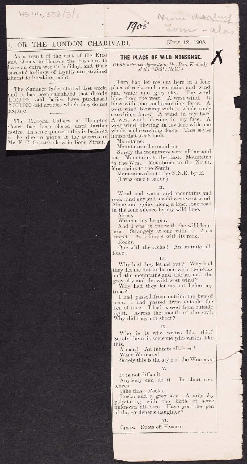 Cutting from magazine of poem entitled 'The place of wild nonsense' by unknown author, given from Thomas MacDonagh to Mary MacDonagh, Sister Francesca,