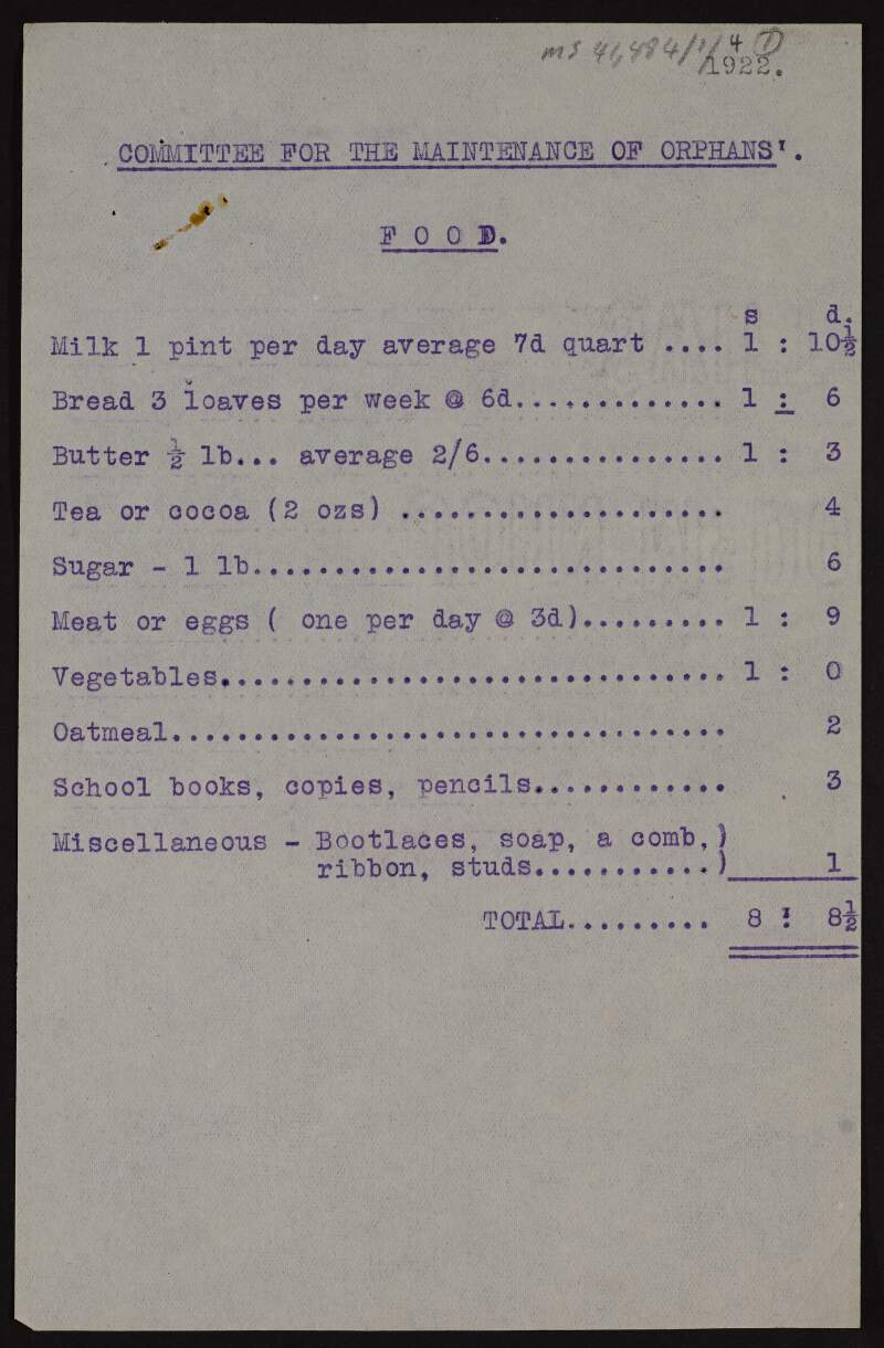 Duplicate copies of the food expenses of the Committee for the Maintenance of Orphans of the Irish White Cross,
